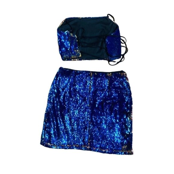 Halter Top Mini Blue & Orange Sequin Skirt Set sz m - Picture 3 of 6